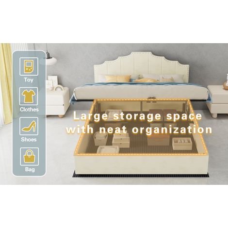 Lit coffre 160/200 cm beige en bois et tissu avec matelas inclus (1/5)