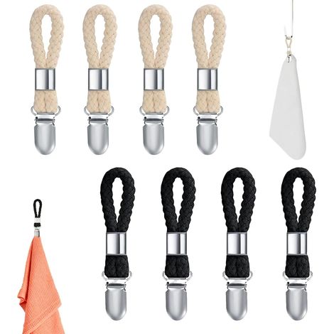 Lot 8 Pinces Serviette Inox + Corde (4B/4N), crochets accroche serviettes bain