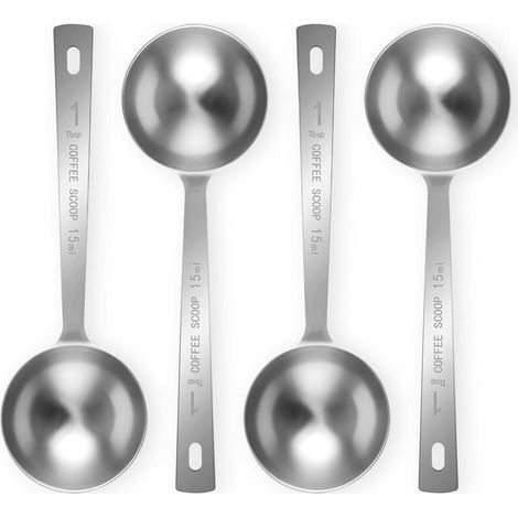 Un ensemble de 4 cuillères à café à long manche en acier inoxydable (1 cuillère à soupe, 15 ml), adaptées au café moulu, au thé en vrac et au café en poudre.