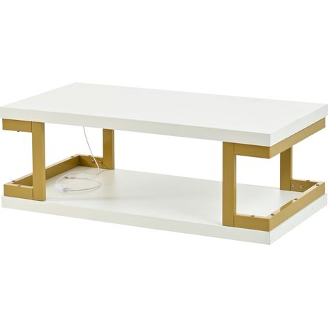 Tavolino da caffè rettangolare LED bianco e oro 100 x 50 x 37,5 cm MDF metallo (1/5)