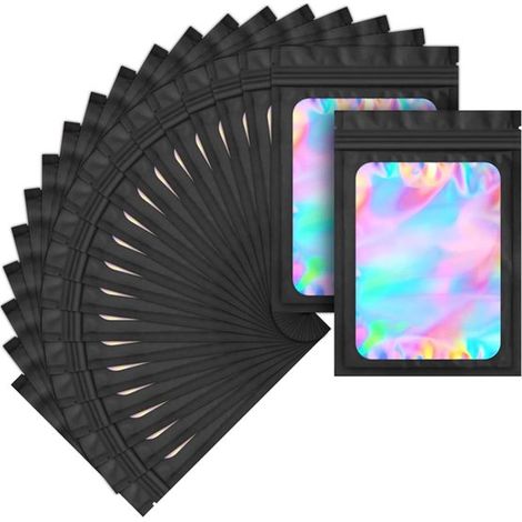 100 sachets holographiques refermables – Sachets de rangement anti-odeurs – Refermables – Sachets d'emballage pour bijoux, gloss, aliments, savons et appareils électroniques – Sachets d'échantillons p (1/5)