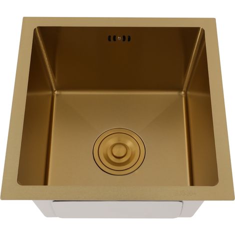 Évier de cuisine, évier carré en acier inoxydable de 38 cm pour camping-car, avec bouchon-filtre, modèle à cuve unique, installation encastrée ou sur plan possible, couleur dorée (1/5)