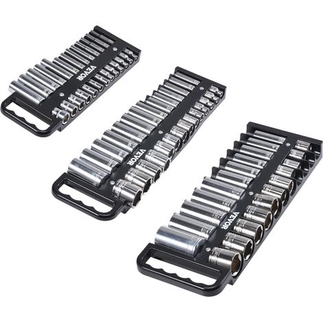 VEVOR Vassoio Porta-Bussole Portatile 3 Pezzi, Set Porta-Bussole Metrico e SAE 1/4 3/8 1/2 Pollici con Maniglia Base Magnetica per Cassetto della Cassetta degli Attrezzi, Contiene Fino 76 Bussole