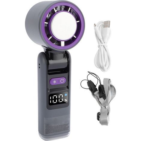Ventilateur portable à turbine avec affichage numérique, refroidissement par glace, 5 vitesses réglables, fonction lampe intégrée, batterie rechargeable 4000 mAh, couleur gris, utilisable en intérieur (1/5)