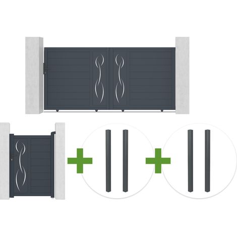 Portail coulissant 3m LIFE H.140cm aluminium gris + Portillon 1m LIFE H.140cm aluminium gris + 4 poteaux ELDA (1/5)