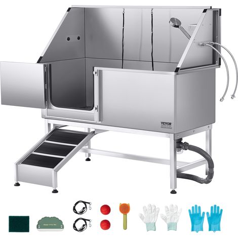 VEVOR Baignoire de Chien Acier Inoxydable, Baignoire de Toilettage pour Animaux de Compagnie 150 cm Station de Lavage Chat, avec Rampe, Panneau Filtre a Eau, Robinet, Pommeau de Douche, Porte Gauche