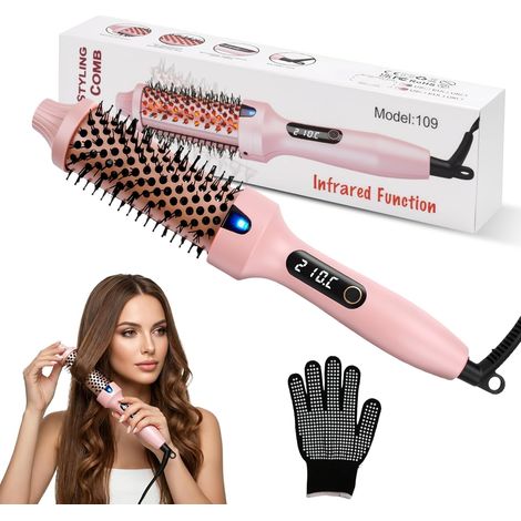 Heated Brush, 38mm 3 Function Thermal Brush - Smoothing, Soft Curls, Volume, Heated Styling Brush, 6 Temperature Settings, Ionic Anti-Frizz Thermal Brush, Pink (1/5)