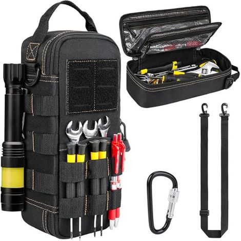 Pochette Tactique MOLLE Compacte Néoprène 30 cm - Petite Sacoche à Outils EDC Multi Poches Bandoulière Mousqueton - Organisateur Ceinture Chantier Camping Randonnée Homme Noir 11,4x9,5x30,5 cm (1/4)