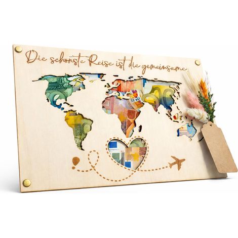 Cadre photo en bois avec carte du monde comme cadeau d'argent - Cadeau de mariage pour les jeunes mariés - Avec découpe pour billets de banque (1/5)