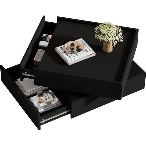 Table basse pivotante noire 60 x 60 x 38 cm, 2 tiroirs (1/5)