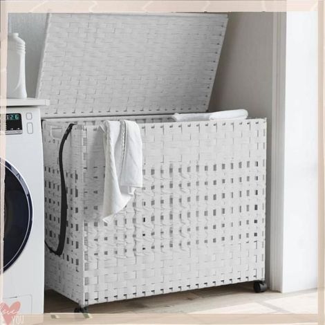 372048 Panier à linge avec roulettes blanc 66x35x60 cm résine tressée (1/5)