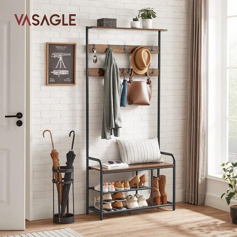 VASAGLE Appendiabiti con Scarpiera, Mobile Ingresso con 9 Ganci Rimovibili, Panca, Mensola, 30 x 85 x 180,5 cm, Corridoio Camera da Letto Appartamento, Moderno, Marrone Vintage e Nero (1/7)