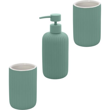 Set accessori bagno in ceramica verde con dispenser sapone e due portaspazzolini Spring (1/5)