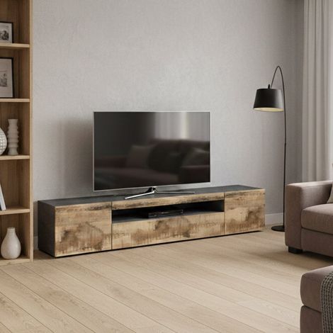 Dmora Mueble para TV para salón, Made in Italy, Mueble para TV de estilo industrial con 3 puertas y estantes, cm 200x40h37, color pizarra y arce, con luz LED azul, con embalaje reforzado (1/5)
