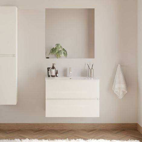 Meuble de salle de bain 80cm simple vasque - 2 tiroirs - blanc - IDA (1/5)