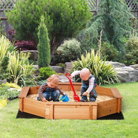 Outsunny Achteckiger Sandkasten aus Massivholz, 140 x 140 x 21,5 cm, 4 Bänke mit Abdeckung und Vliesboden, UV-Schutz, einfach zu montieren, Spielgerät für Kinder im Freien, Orange