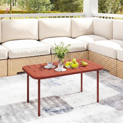 Table basse jardin acier galvanisé, plateau lattes rectangulaire angles arrondis, 90x50x43cm, rouge (1/5)