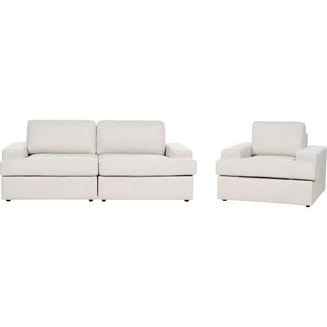 Canapé 3 Places et Fauteuil en Tissu Beige Clair Bois d'Eucalyptus Rembourré en Mousse Alla