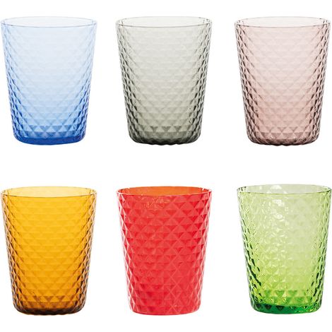 Zafferano Set 6 Bicchieri Tumbler Collezione Isolano in vetro soffiato lavorato a mano, texture effetto diamantato, colori assortiti, eleganza tavola