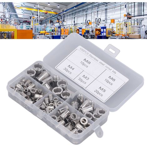 Boîte de 100 écrous à sertir moletés en aluminium à tête plate M3, M4, M5, M6 et M8 (1/5)