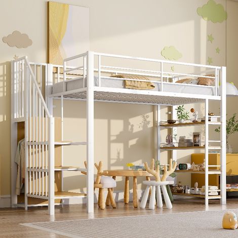 Metall Hochbett 90x200 mit Sicherheitstreppe und Kleiderschrank, platzsparendes Jugendbett mit Stauraum und Regal, 120kg belastbar, Weiß (1/5)