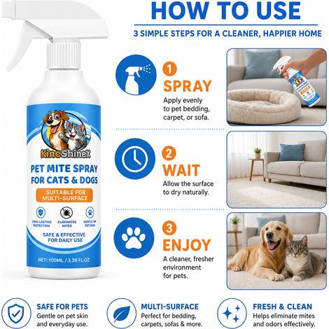 KineShineX Pet Anti-Milben Spray eignet sich für Katzen und Hunde und kann auf Matratzen, Sofas, Teppichen und anderen Textilien verwendet werden, um Milben und Gerüche zu entfernen. (1/4)
