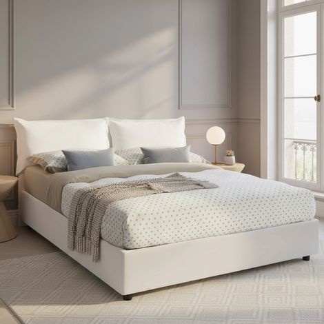 Dmora - Doppelbett Dgelai, Containerbett mit Kunstlederbezug, 100% Made in Italy, Frontöffnung, passend für Matratze Cm 160x200, Weiß (1/5)