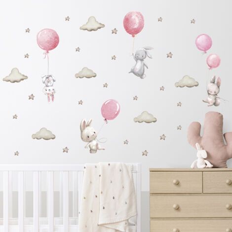 BUNTHAUS Aquarell rosa Ballon Kaninchen Wolke Wandaufkleber für Kinderzimmer Baby Kinderzimmer Raumdekoration PVC Wandaufkleber (1/3)