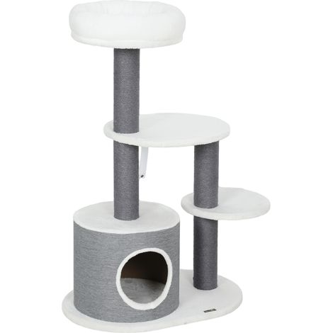 Arbre à chat blanc gris 1 niche 1 panier 2 plateformes poteaux corde jute