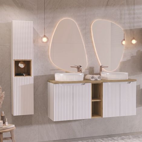 Conjunto mueble lavabo doble 140cm 4 puertas 2 compartimientos y columna Riva Blanco y Madera (1/4)