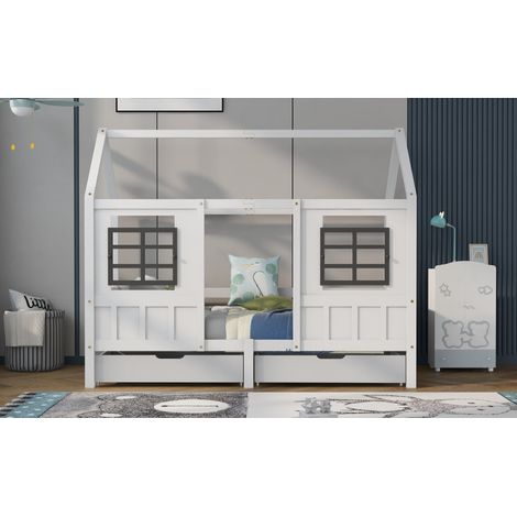 Lit cabane 200/90 cm blanc en bois massif avec 2 tiroirs et fenêtres (1/5)
