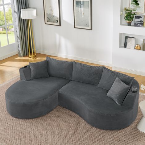 Divano a compressione a 3 posti, chaise longue a sinistra + 2 posti, design arcuato, tessuto in morbido velluto a coste, con portabicchieri e cuscini, confezionato sottovuoto, per soggiorno, hotel, ap