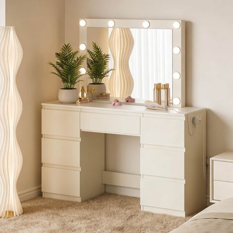 Tavolo da toeletta 110/39,5/140,5 cm bianco con specchio LED, 7 cassetti e prese integrate (1/5)