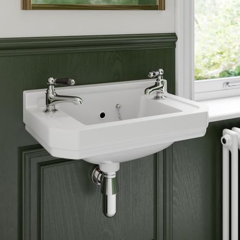 Traditional 2 Tap Hole Wall Hung Basin Sink Cloakroom Bathroom White Gloss