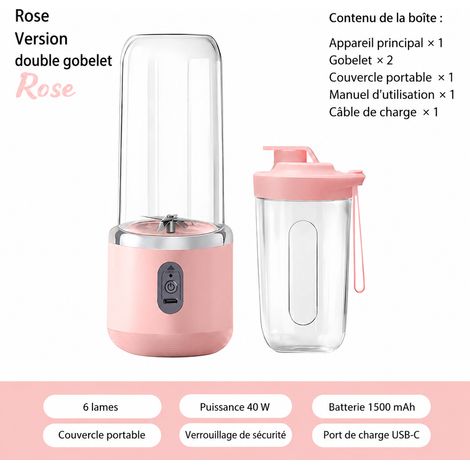 Mini blender portable rechargeable USB rose 400 ml 6 lames avec double gobelet et couvercle rose réf 1599 22,05 × 10,05 × 13,55 cm 440 g – Livraison gratuite