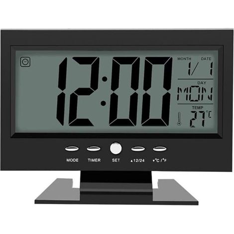 Orologio elettronico, sveglia digitale LCD con sensore acustico, calendario e visualizzazione della temperatura (nero) (1/4)