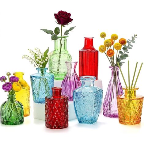 Lot de 10 vases colorés Assortis en Verre sculpté Vintage pour centres de Table, fêtes, décoration de Mariage, Bureau, Maison (1/5)