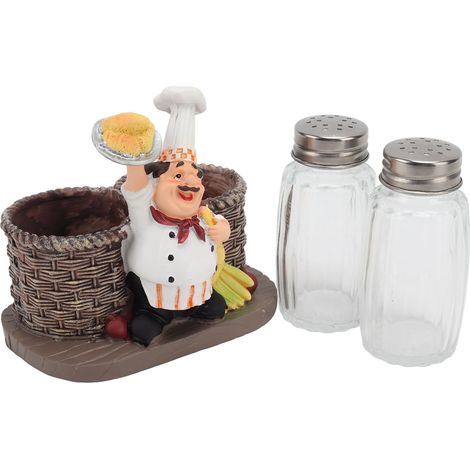 Support décoratif en résine synthétique représentant une statuette de chef, avec 2 bouteilles à sauce en verre.
