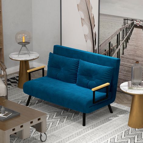 Sillón convertible de 1 plaza en terciopelo azul, respaldo reclinable 180°, DESVIAE (1/5)