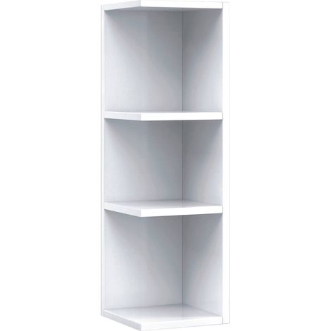 Mobile pensile Tacoma, Mobile colonna sospeso per bagno, Armadietto ad angolo con 3 ripiani aperti, 20x20h65 cm, Bianco (1/4)