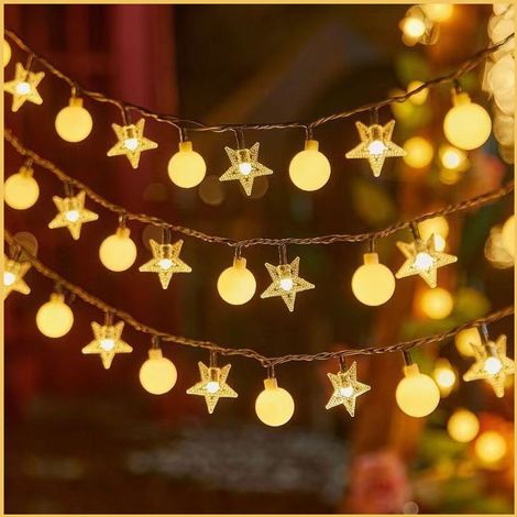 Solarbetriebene LED-Lichterkette 22 m 200 LEDs, 8 Blinkmodi, Außendekoration für Camping und Weihnachten, Sterne und Kugeln, warmes Licht-lsw