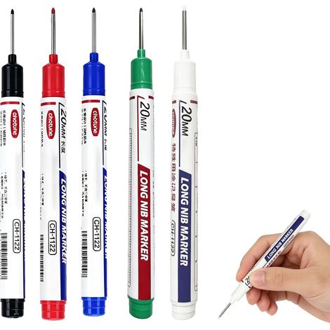 5 Marqueur Chantier Crayon Chantier, 20mm Marqueurs De Trous Profonds, Crayon De Chantier De Perçage À Pointe Extra, Chantier Pour Bois Métal Plastique Carton Verre (Noir Bleu Rouge Vert Blanc) (1/5)