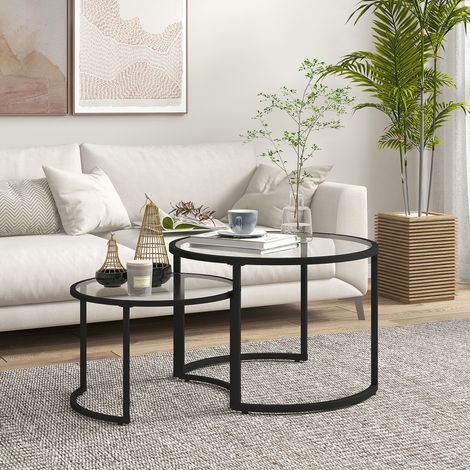 2er-Set Beistelltische Couchtische Industrie-Design, Glastische, stapelbar, Schwarz + Transparent