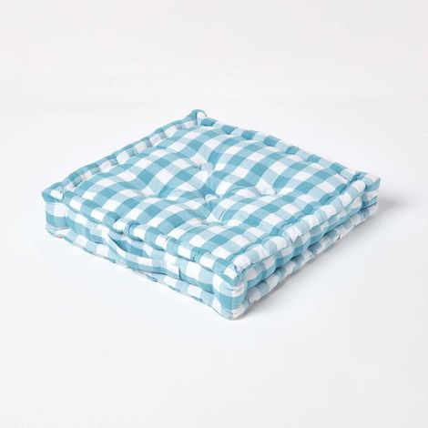 HOMESCAPES Blue Block Check Cotton Gingham Floor Cushion, 40 x 40 cm