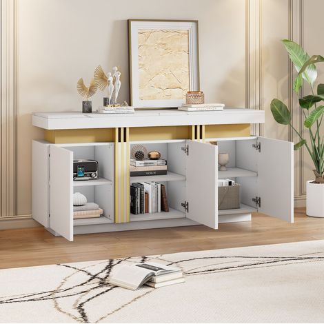 Buffet en panneaux de particules blanc 140 x 38 x 70 cm, 3 portes, 6 compartiments, tablettes réglables, plateau effet marbre (1/5)