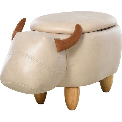 Kuhfellhocker – Kuhfell-Pouf – Bullen-Pouf – 2-in-1-Aufbewahrungskiste – Beine aus Gummibaumholz mit cremefarbenem Kunstlederbezug (1/5)