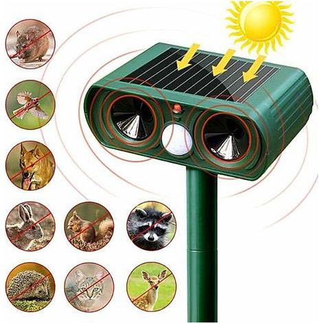 – Répulsif ultrason solaire pour animaux – Sensibilité et fréquence réglables – Couverture jusqu'à 400 pieds² – Étanchéité IPX4 (1/3)