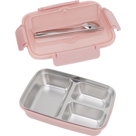 Boîte à lunch à 3 compartiments en acier inoxydable 304, cuillère et baguettes assorties en plastique, idéale pour le bureau (rose). (1/5)