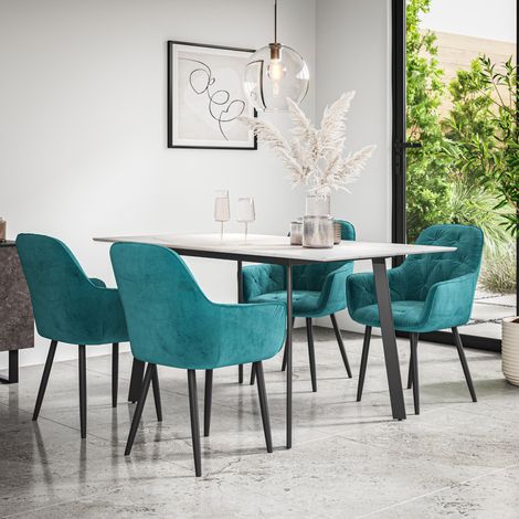 Haydon Extending Dining Table + Chairs- White Marble Effect Table Top w Black Legs + Anika Velvet Dining Chair Set Of 6 (Blue) (1/5)