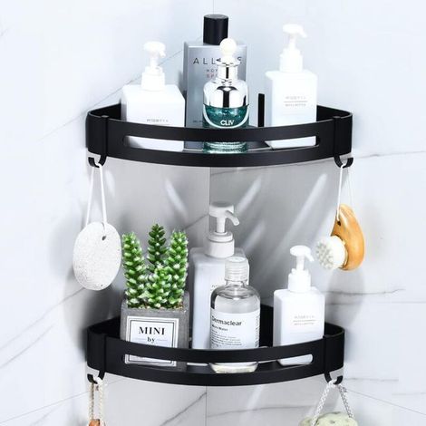 Étagère d'angle sans perçage pour douche, étagère métal triangulaire 2 niveaux avec 4 crochets, rangement salle de bain et cuisine, tablette murale adhésive résistante, finition noir. (1/5)